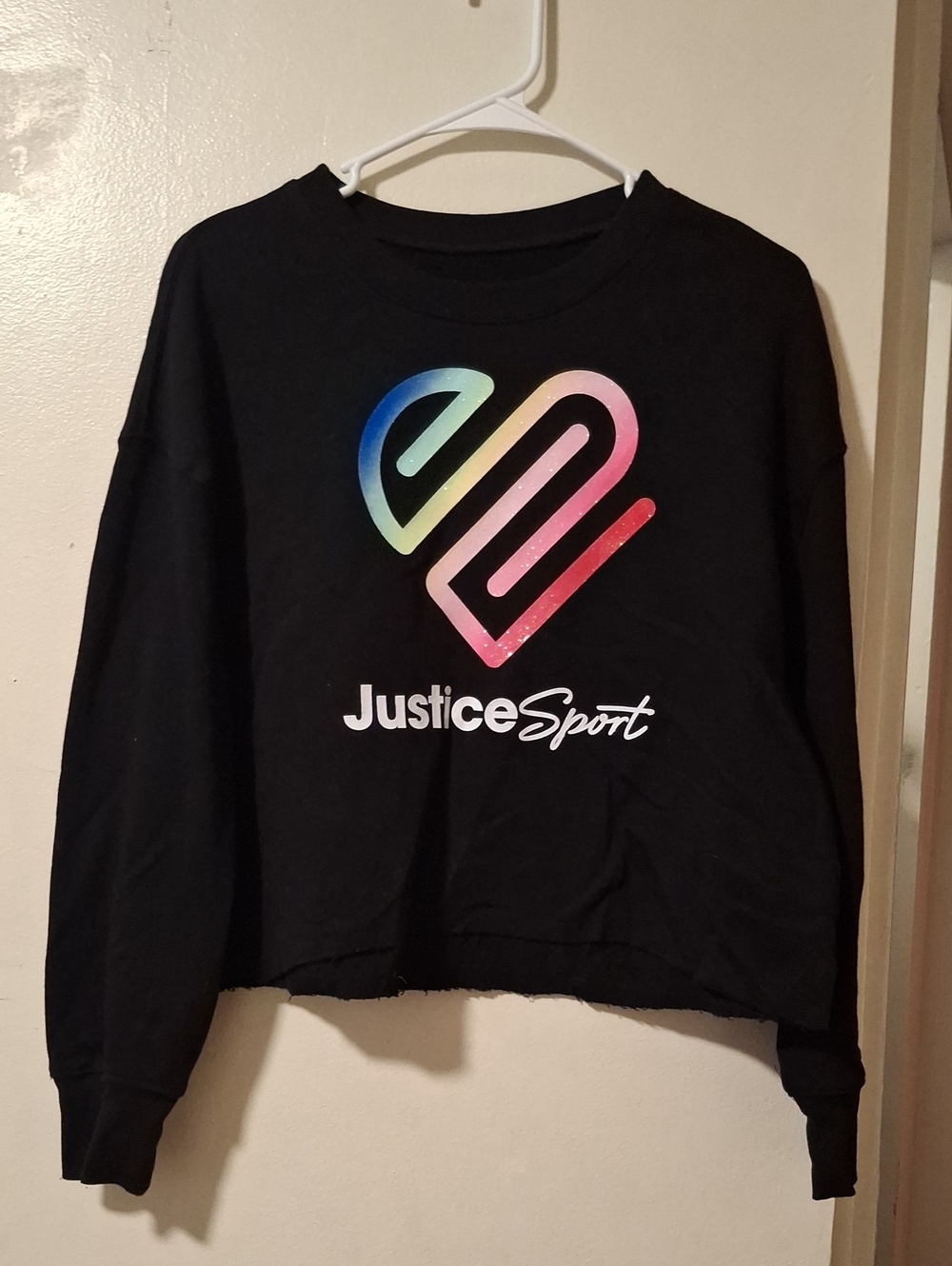 Justice Black Cropped Sweatshirt with Rainbow Gradient Heart